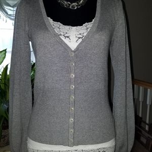 Anne Klein  Gray Deep V Cardigan enhanced Sleeves